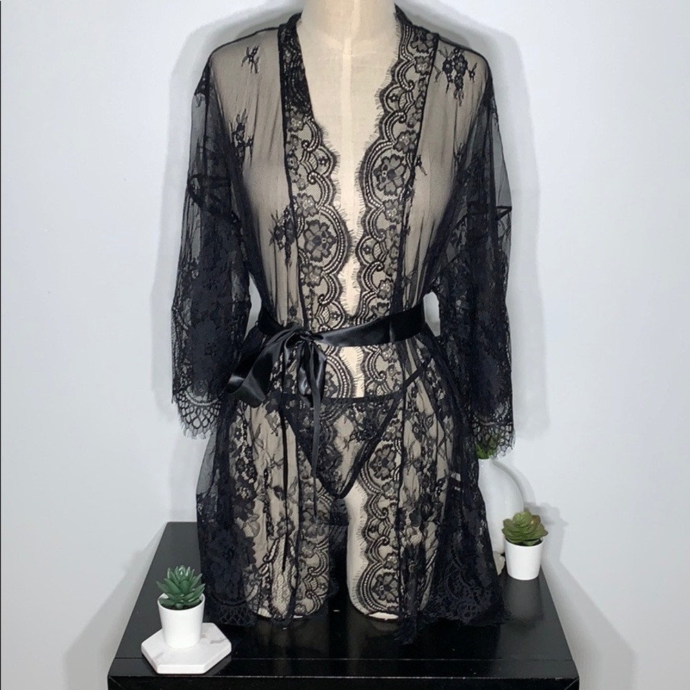 Black Lace Lingerie Robe And Thong Set With Satiny Belt - Picture 12 of 16